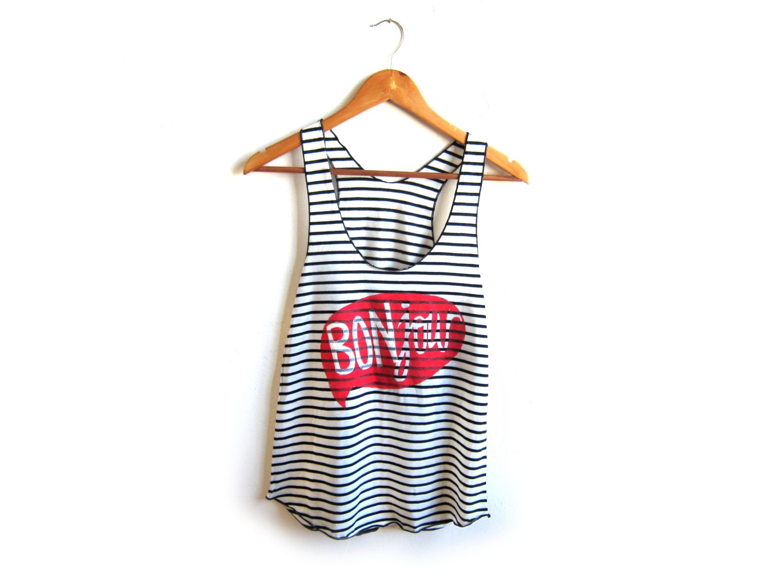 Bonjour Racerback Hand Stenciled Slouchy Scoop Neck Swing Tank Top in Black and White Stripe - XS S M L