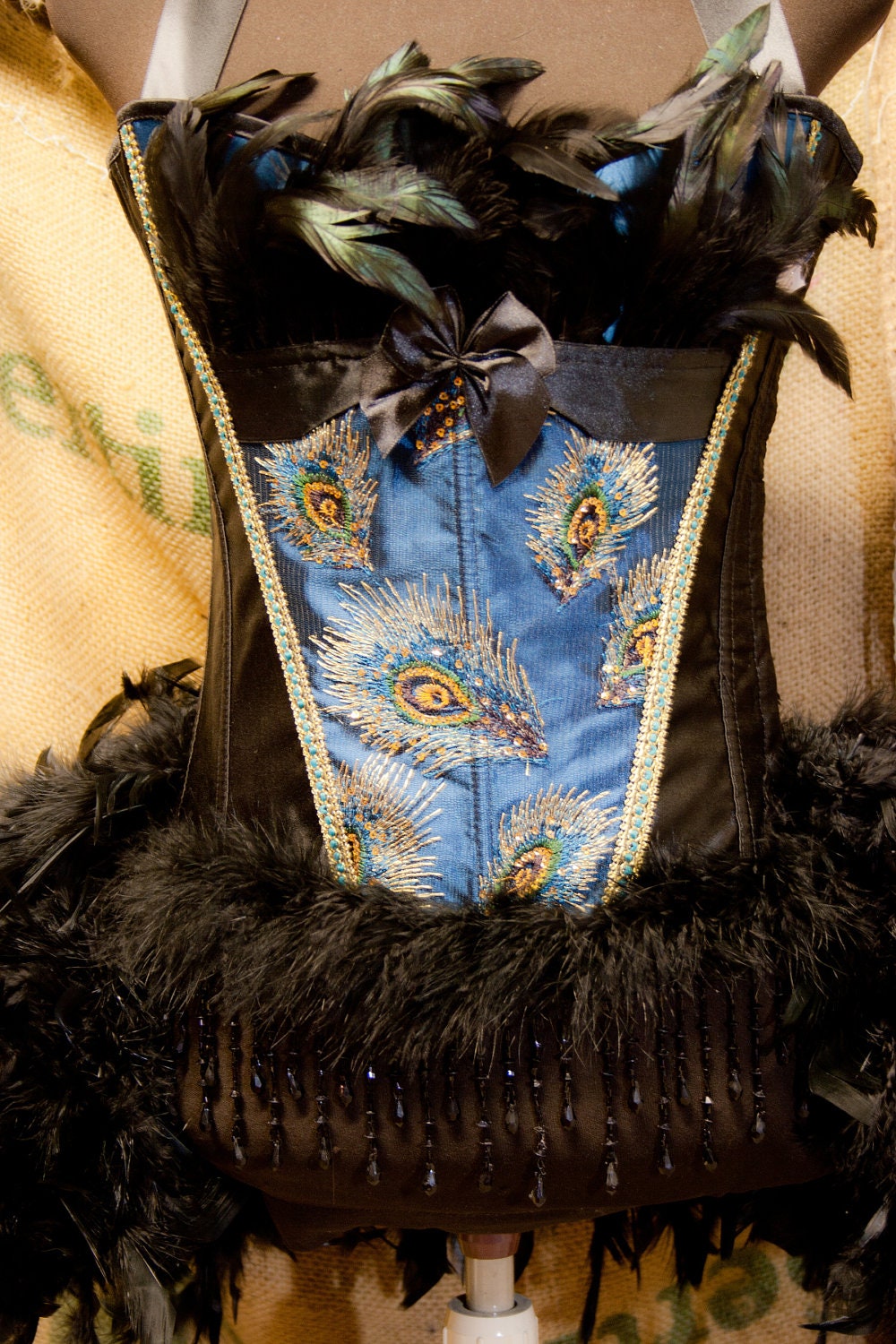 PAVLIN - Peacock Blue black Burlesque Costume Corset - EVERYTHING INCLUDED