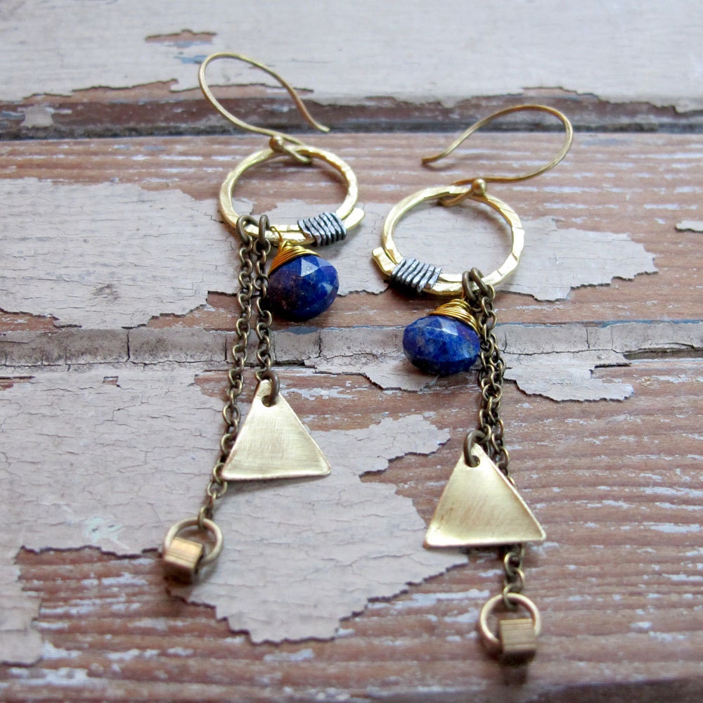 Metamorphosis - Brass and Stone Earrings - Lapis Lazuli Earrings - Artisan Tangleweeds Jewelry
