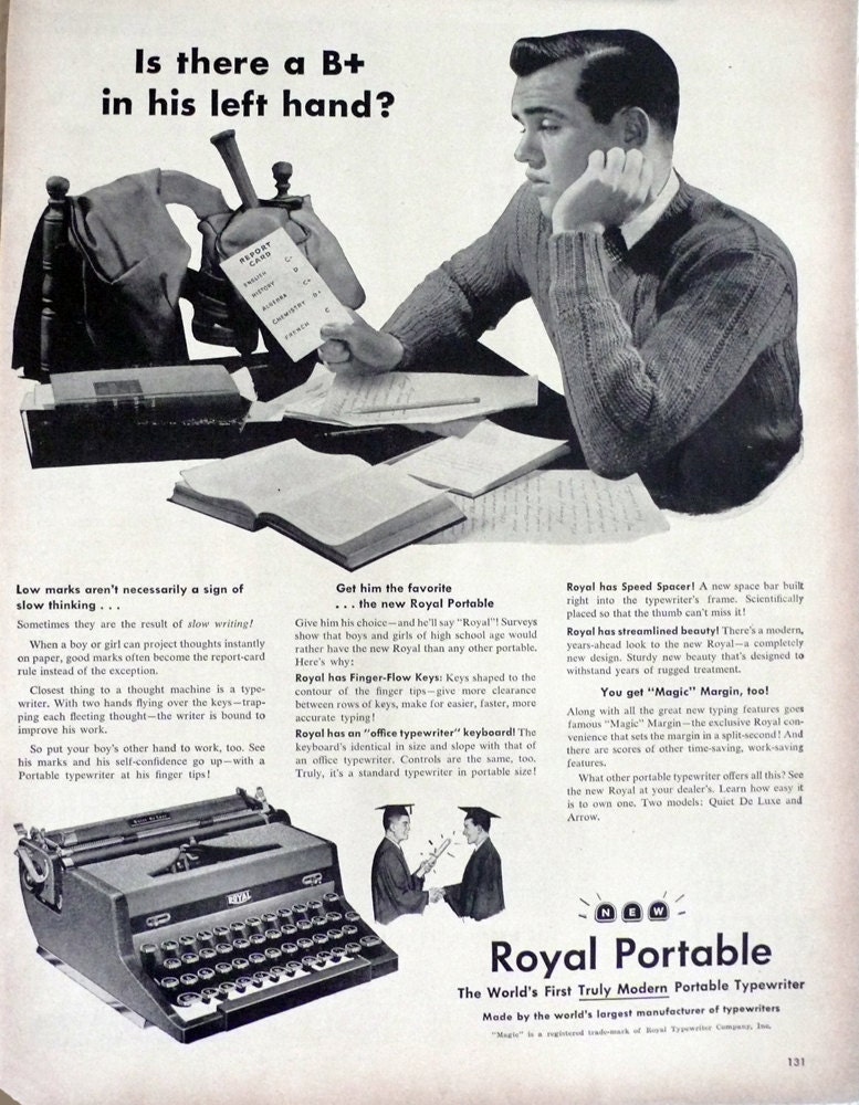 1949 ad Royal Portable Typewriter student retro vintage high school - Free U.S. shipping