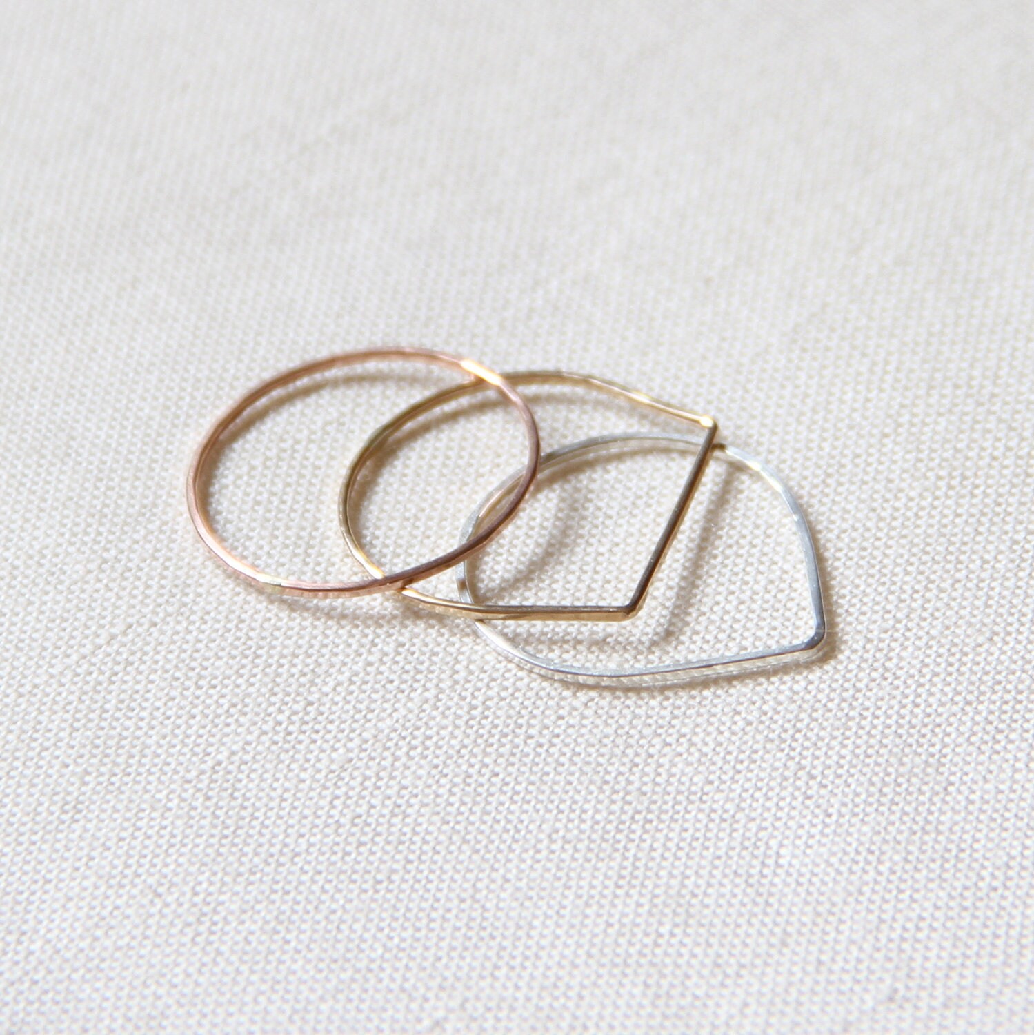 Tiny Set of Three Threads of Rose - Silver - Gold - Teardrop - Square Top - Round - Hammered Stack Rings - Mixed Metals