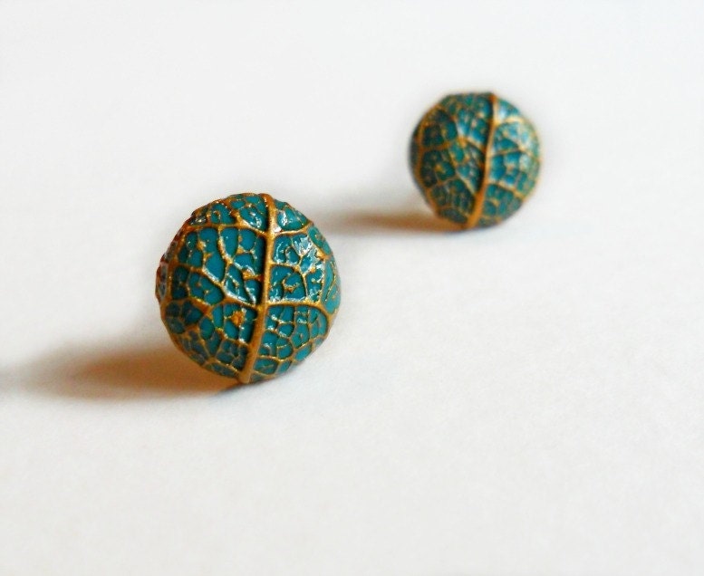 Teal & Royal Gold Leaf Vein Stud Earrings - Jewel Tone - Autumn Foliage - Botanical Fall Fashion