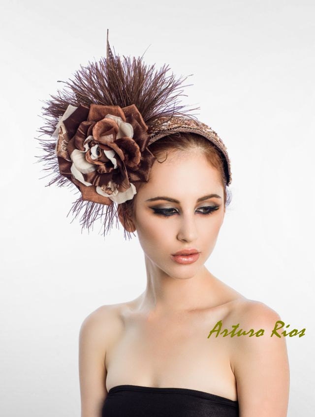Brown/ champagne Fascinator, Cocktail hat