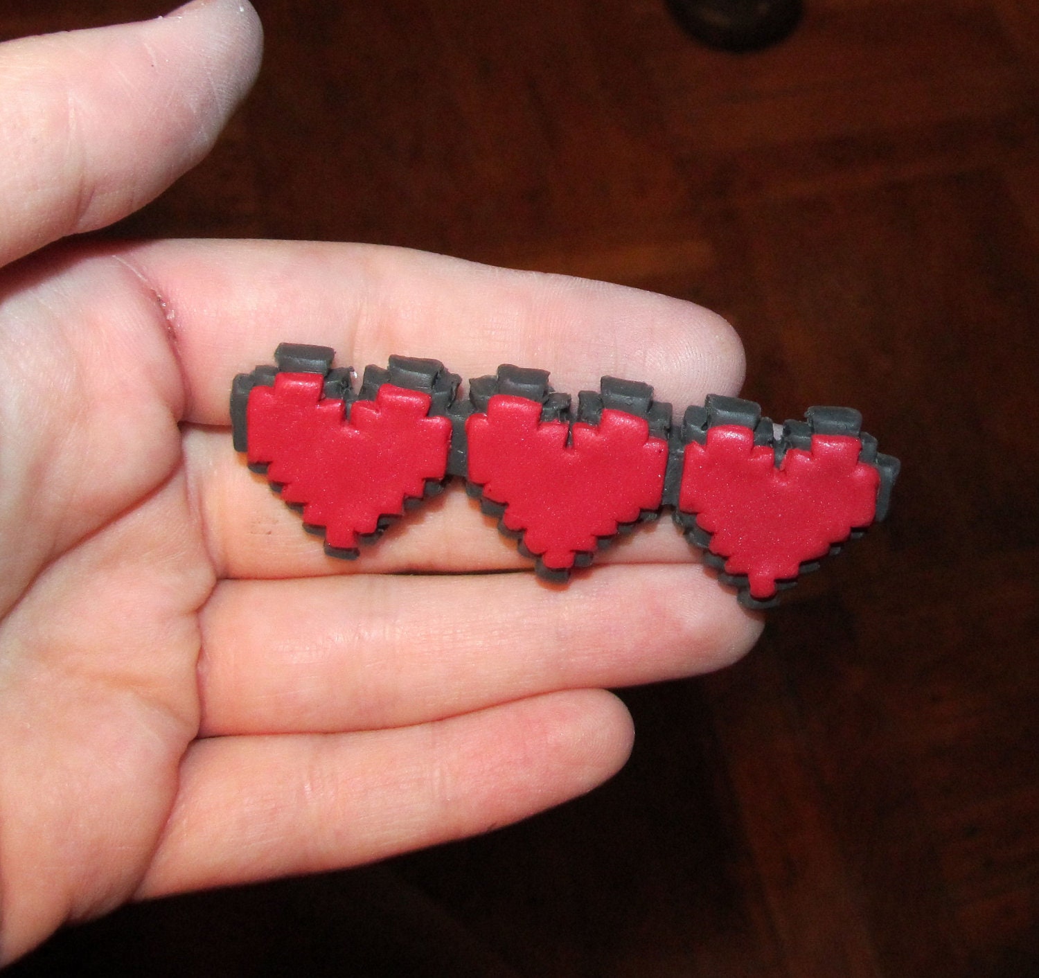 Clay Pixel Heart Container Life Meter with full hearts - The Legend of Zelda - NES - Magnet, pin, barette, holiday ornament