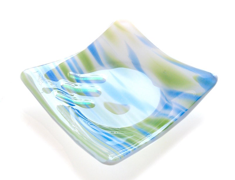 Decorative Dish - Blue Green and White - Handmade Fused Glass