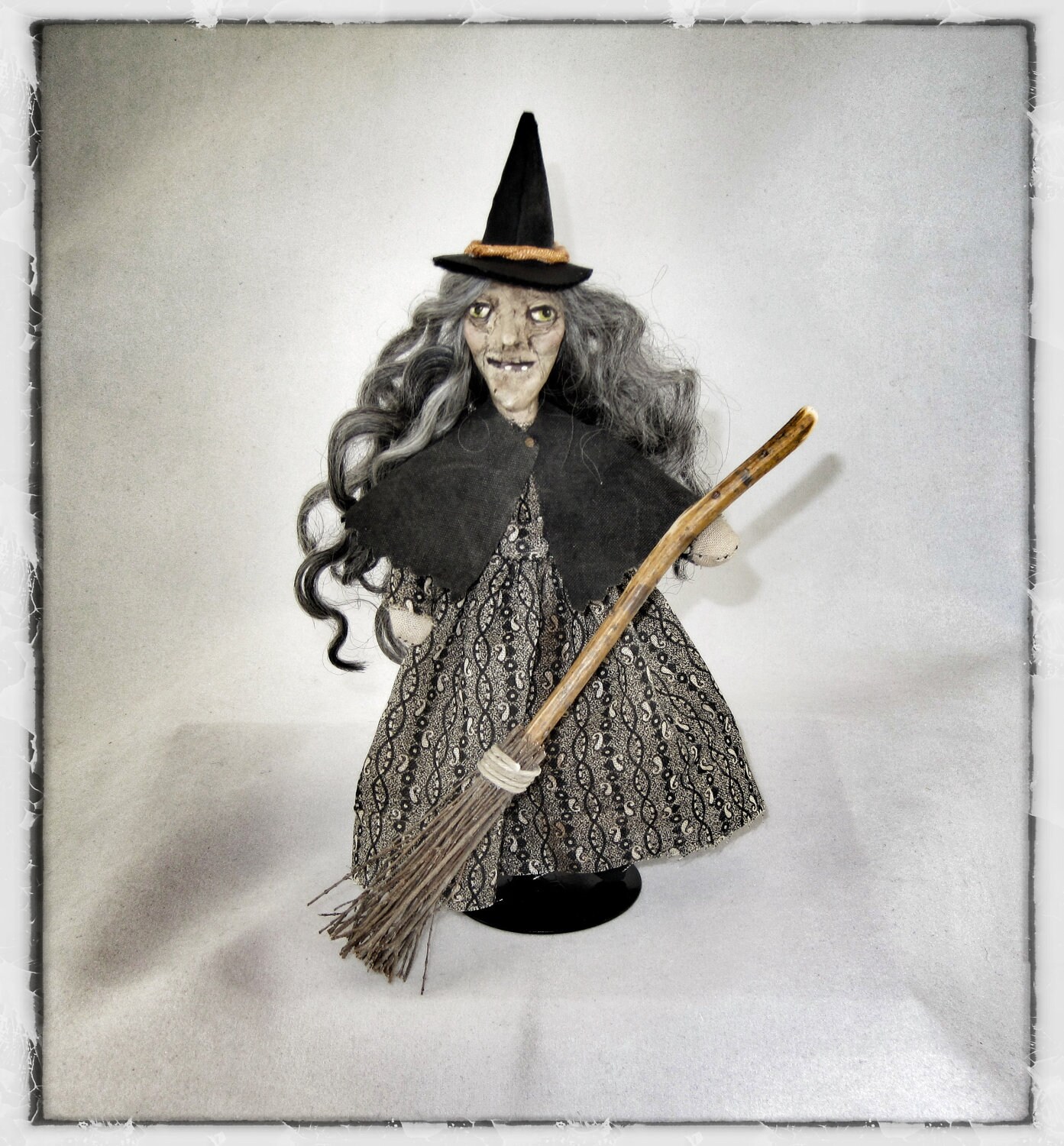 OOAK Halloween Witch Folk art doll mini 6 3/4" dollhouse antique black grey broom cape - AnabooCreations