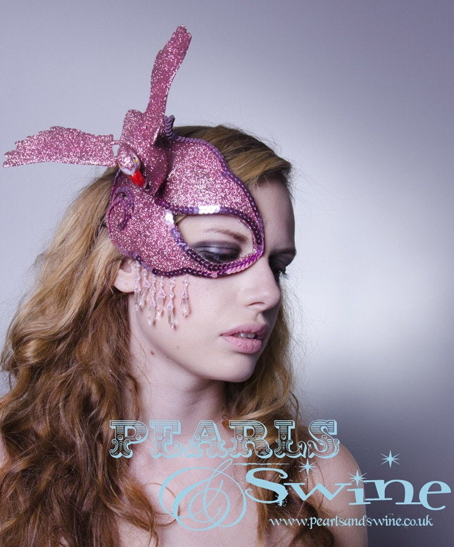 Pink Flamingo Half Mask Fascinator Halloween Pop Surreal Glitter Bird Headdress Rockabilly Tiki Tropical by Pearls & Swine