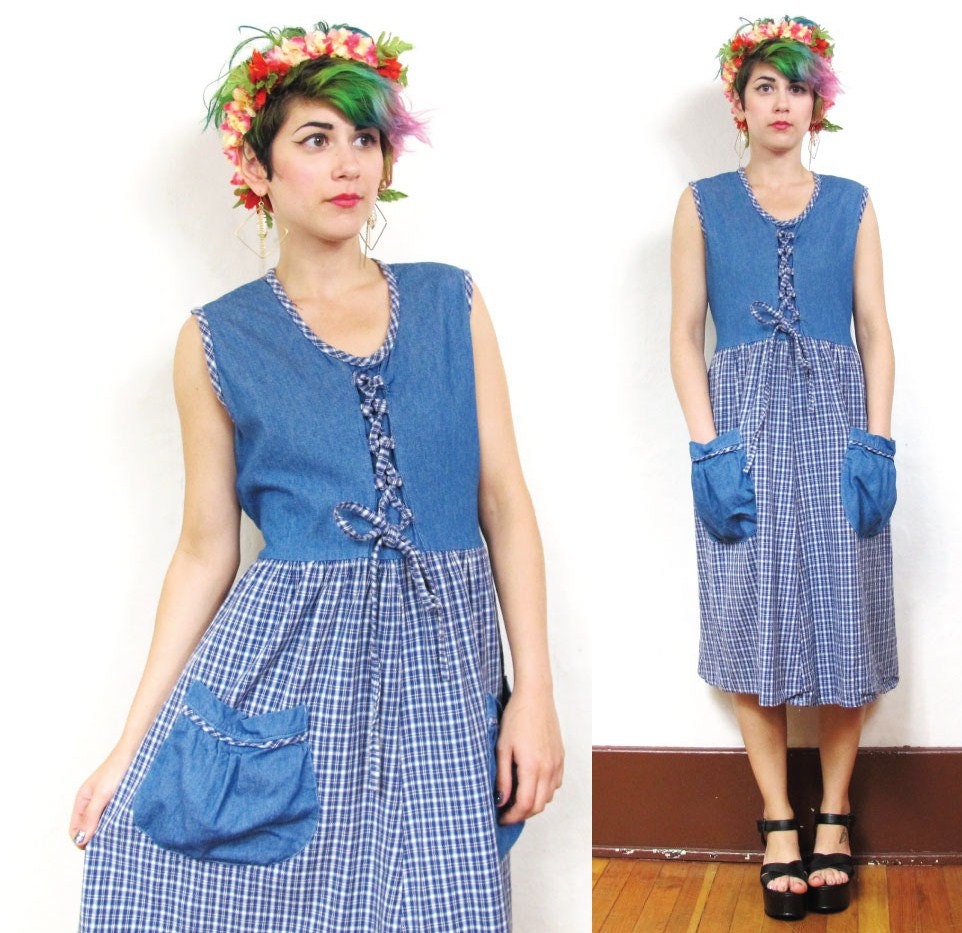 90s Grunge Corset Mixed Plaid and Denim Dress (S/M)