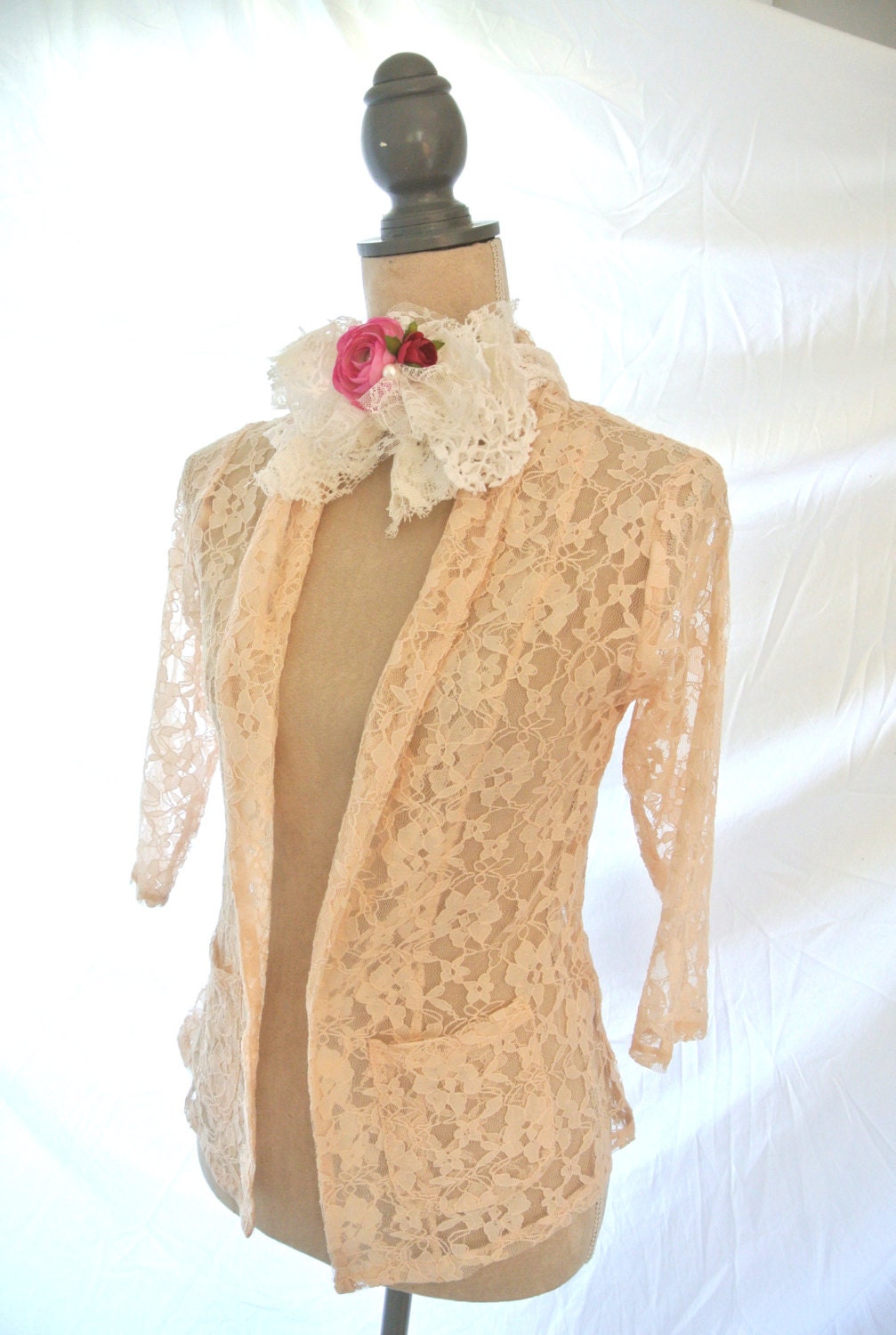 Lace top, blush shirt, boho, romantic lace clothing, french cottage blouse, jacket, blazer, women's country, true rebel clothing, Med