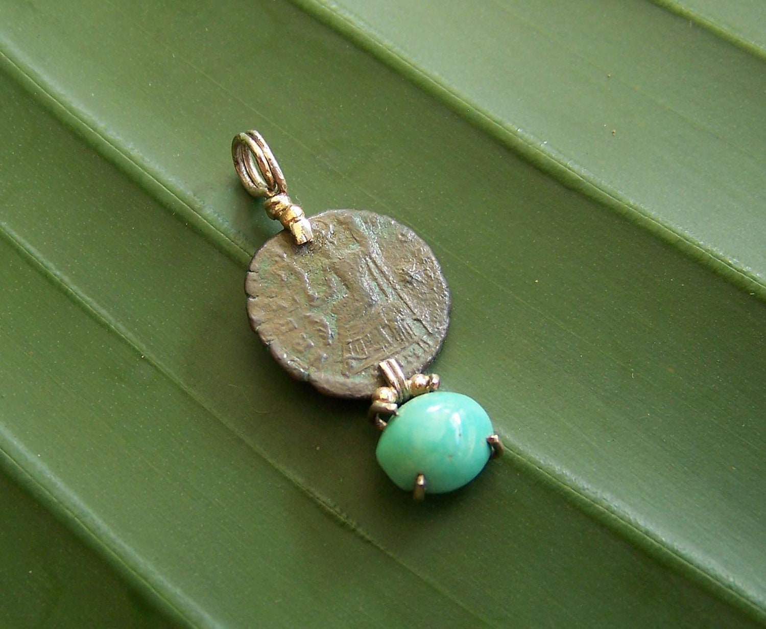 Turquoise Coin Pendant Necklace Sterling Silver 14k Gold Handmade OOAK Turquoise Treasure Ancient Roman Coin by Vixen Design Studio on Etsy
