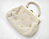 Vintage 1950's Embroidered Pastel Floral Cream Beaded Bridal Handbag - Pearl and Gold Clutch Purse Handmade in Hong Kong