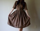 50s Silk Dress / Novelty Print / 50s Shirt Dress / Paisley / Brown Green Red / Floaty Silk Party Dress / Size Small-Medium sm med md 2-4-6