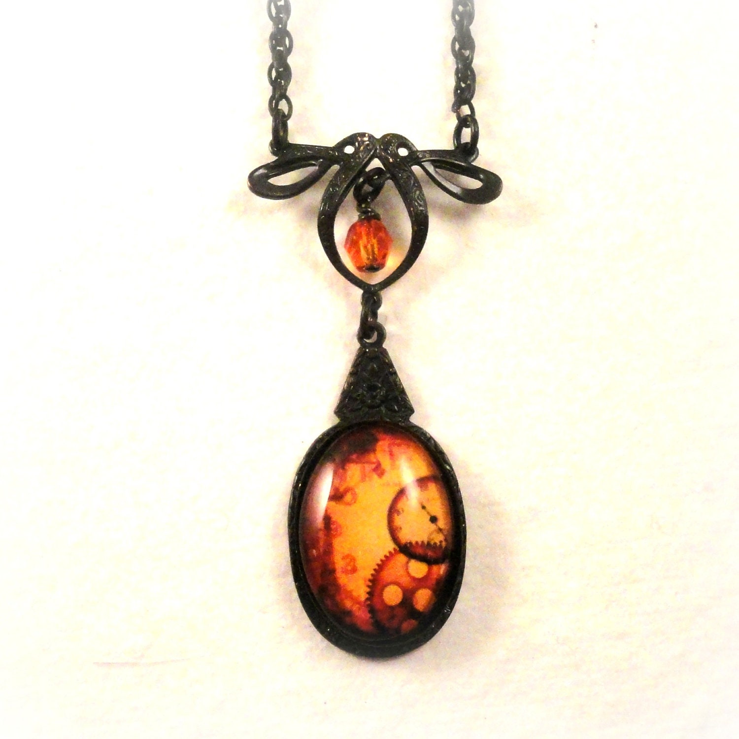 Clockwork Necklace Steampunk Jewelry Victorian Pendant Necklace Orange Glass Antique Style