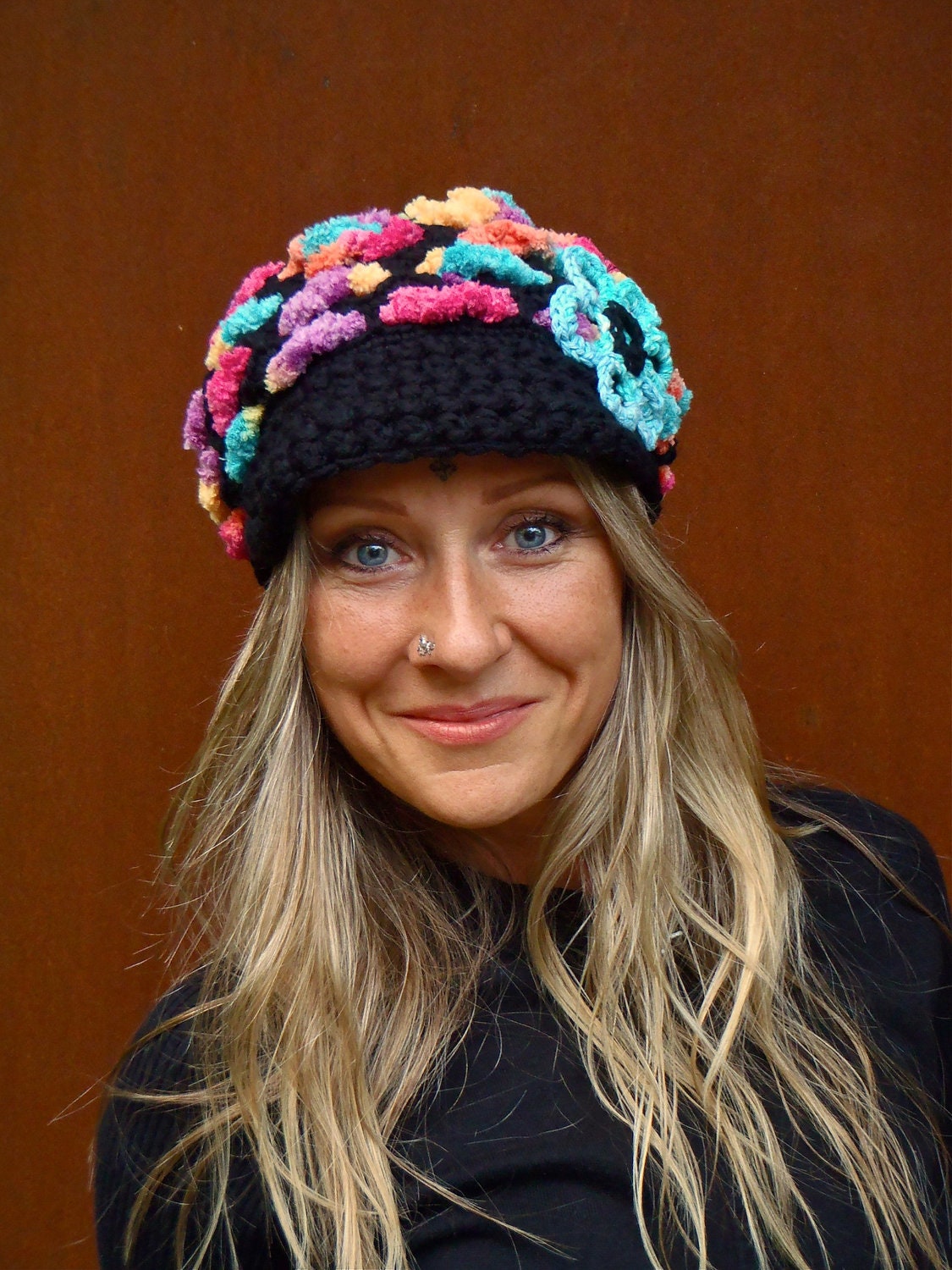 Color SPLASH Black SLOUCHY beanie crochet Slouch hat FLOWER cap Newsboy hat visor hat Bohemian hat interwoven pattern Hippie Gypsy hat