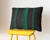 OOAK hand embroidered  black and green collarette pillow cover