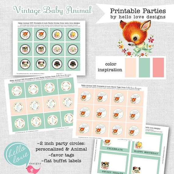 Vintage Baby Animals FULL Printable Birthday Party Collection - Invitation Included - hello love designs Il_570xn