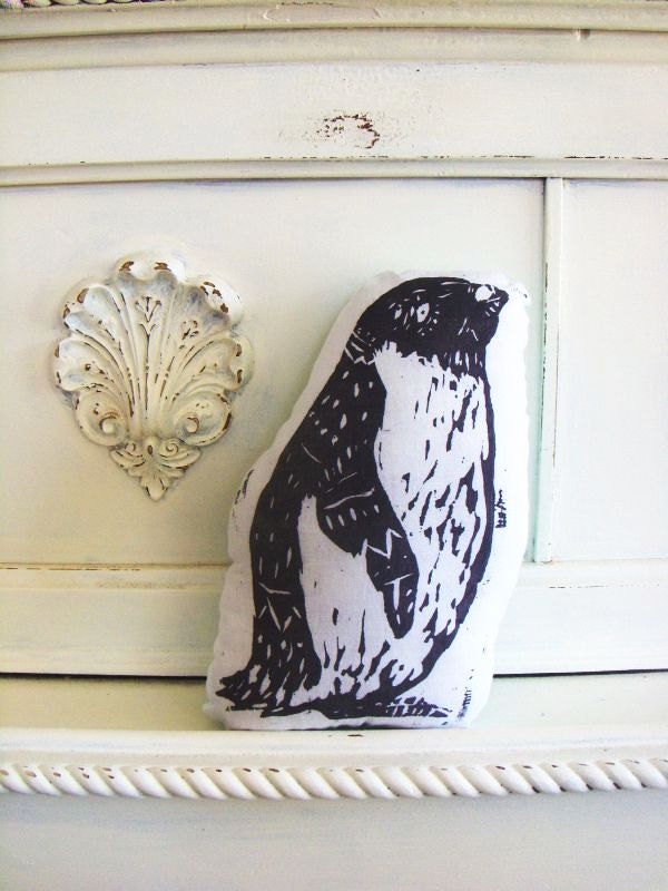 Plush Penguin Pillow. Hand Woodblock Printed. Customizable Colors. Made to Order.