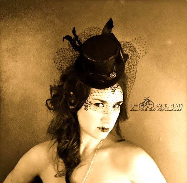 Black burlesque bridal costume top hat birdcage veil, new years eve headband, mini top hat
