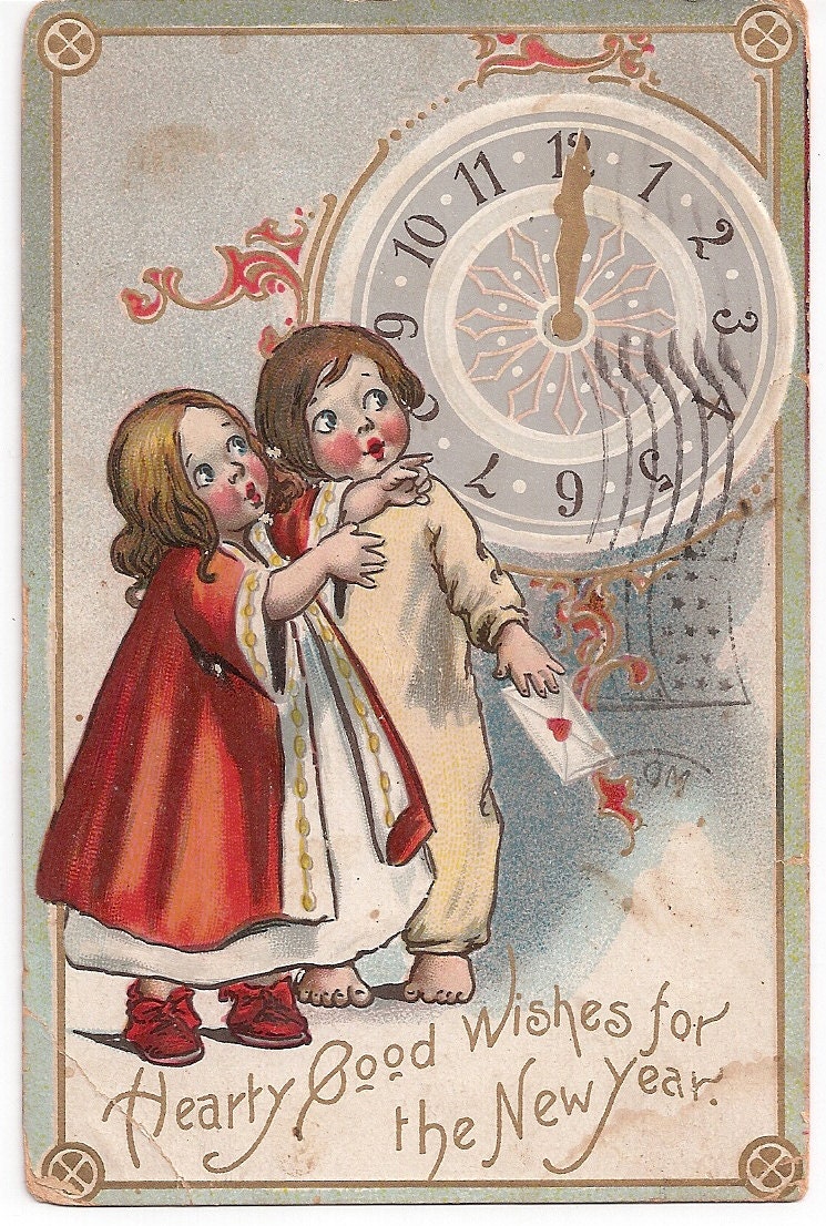 Antique New Years Postcard Hearty Good Wishes - Children in Nightclothes point to Midnight Clock Postmark 1911