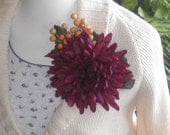 Dahlia Mum Brooch with Yellow Berries - Burgundy Red Silk Flower Pin - Flower Accessories