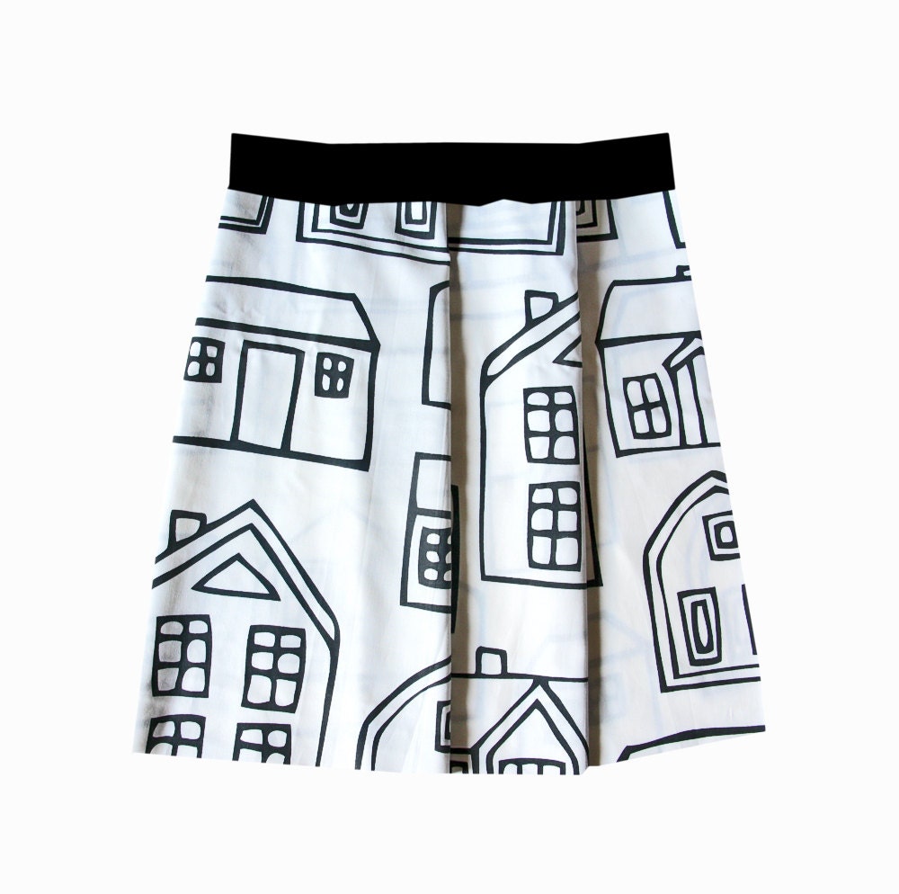 KIDS EDITION Little Houses Mini Skirt with Elastic Band - Fabric with Drawings