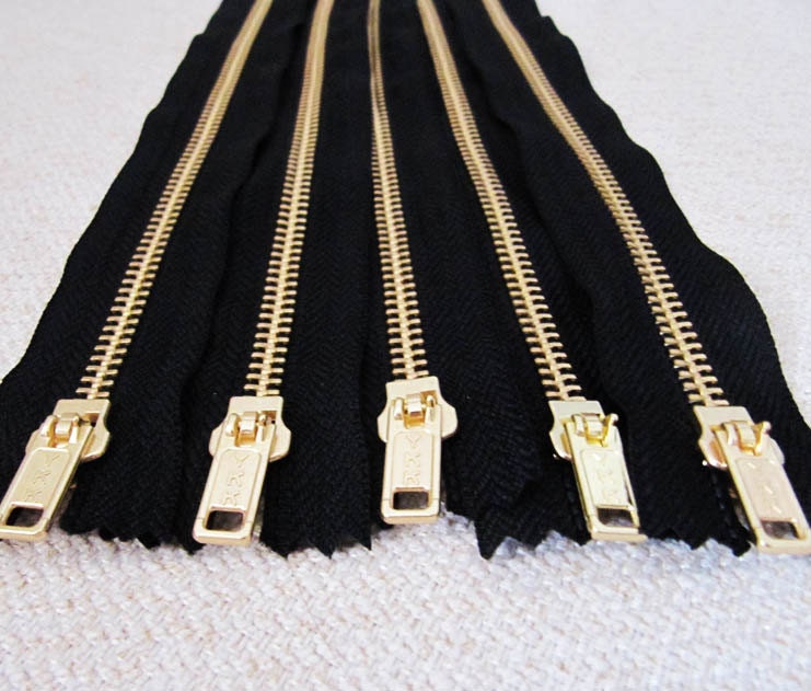 12inch - Black Metal Zipper - Gold Teeth - 5pcs