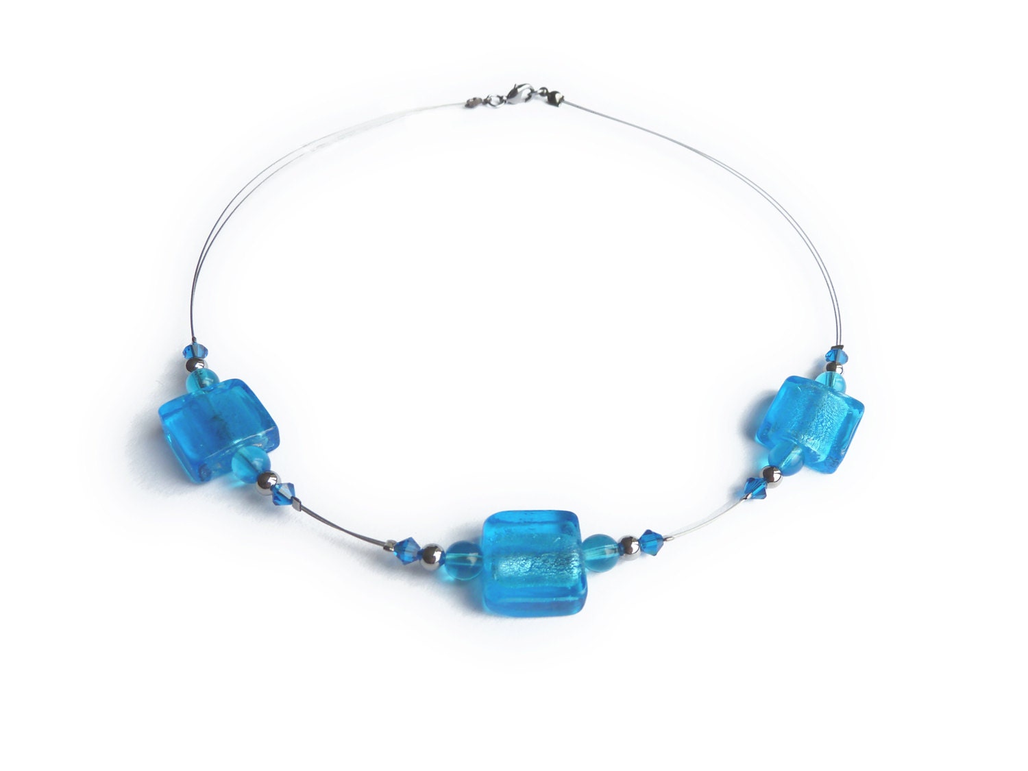 Turquoise Necklace - Sea Blue Fused Glass Bead Necklace -  Aquamarine Lampwork Bead Necklet Choker - Cyan Jewelry