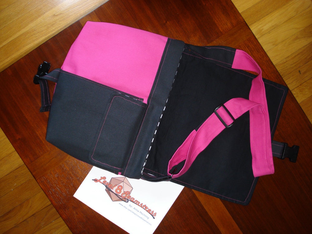 Small Everyday Messenger Bag with Small Accordion Pocket in Hot Pink and Black Fabric with Black White Checkered Print Lining