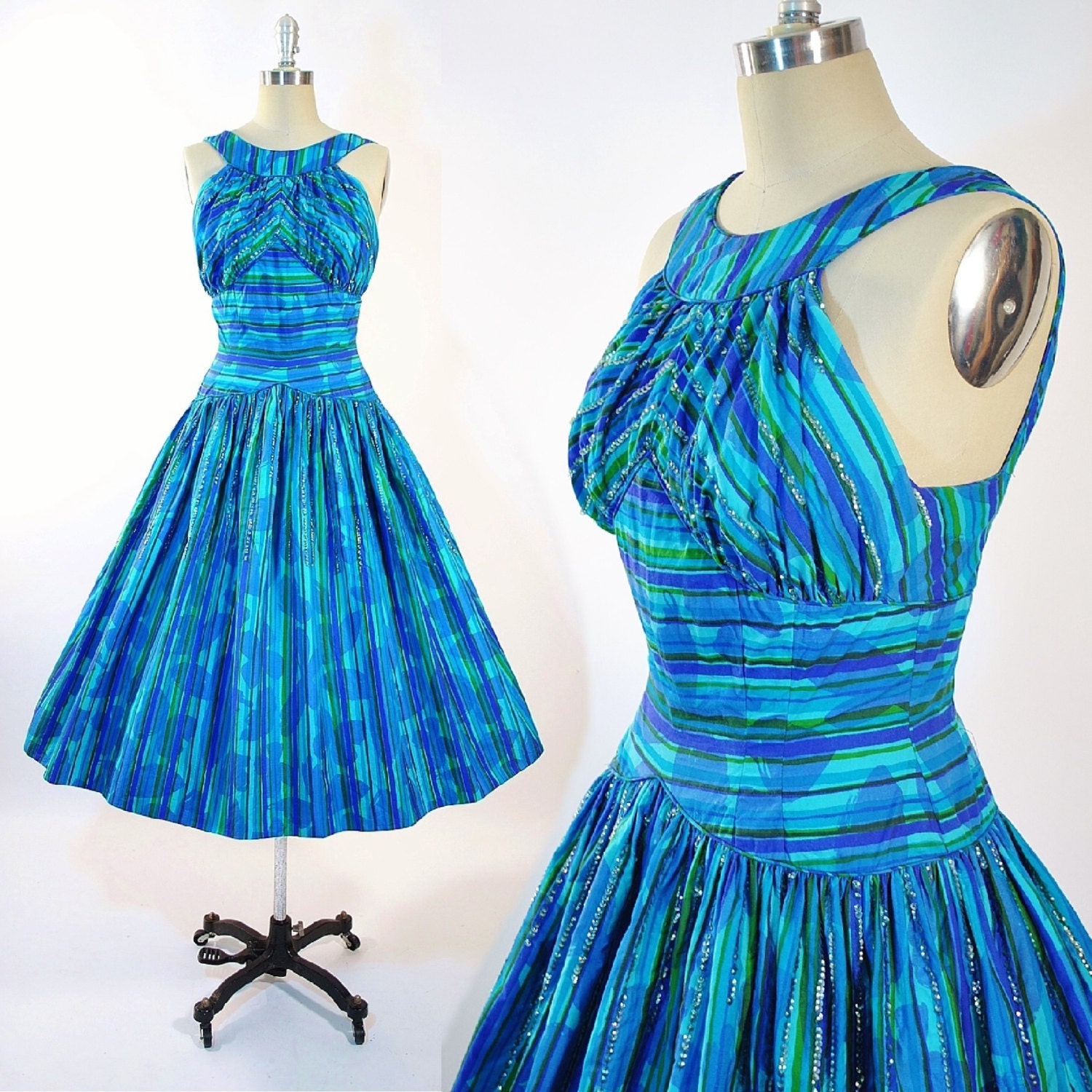 Vintage 1950s GOODMAN Original Floral Butterfly SEQUINS HALTER Full Skirt Teal Blue Sun Dress 50s Rockabilly Garden Party M Medium