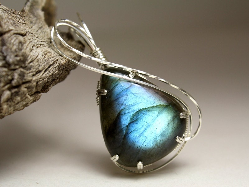 Illuminating Labradorite Gemstone Wire Wrapped Teardrop Pendant, Handmade with Sterling Silver