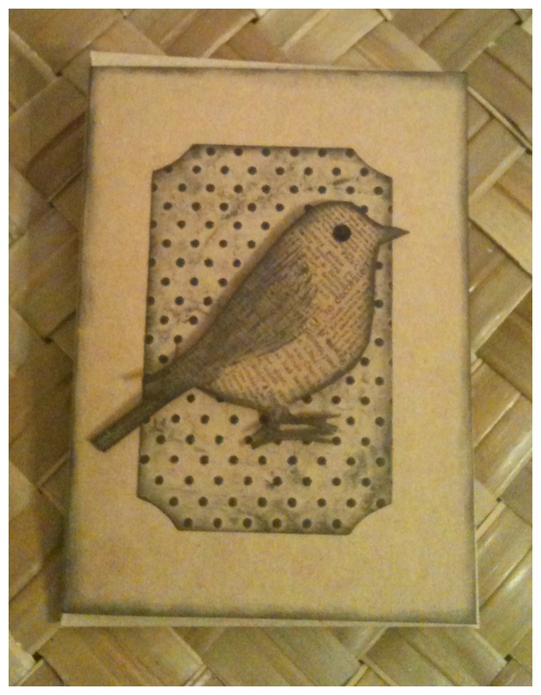 Kraft Card Stock Retro Black Newsprint Bird Handmade ALL OCCASION Greeting Card Retro Swiss Dot Frame Stamped Handcut 4 x 5.5