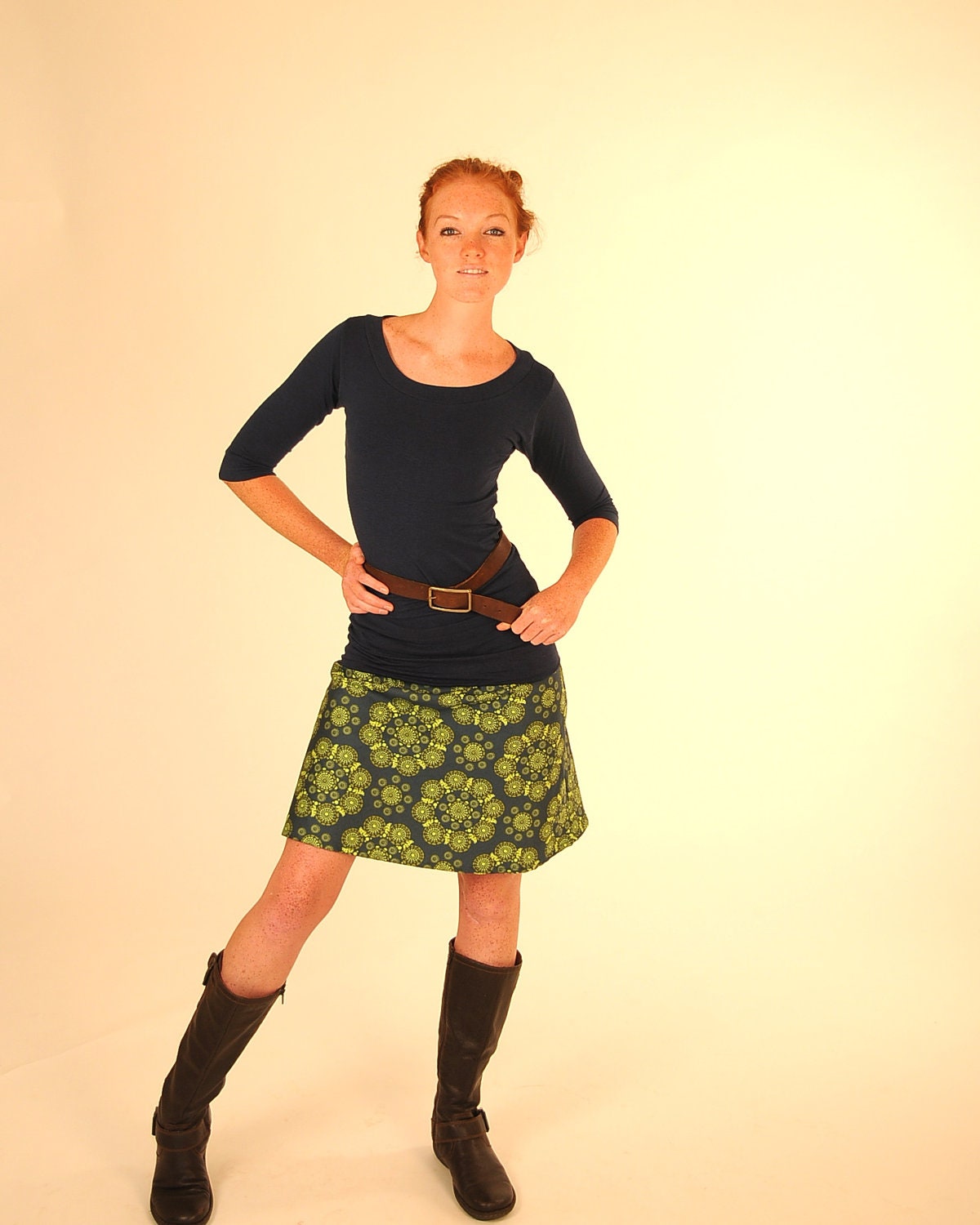 Women's Aline Skirt - Short Skirt - Green Mandala Print - Organic Cotton Clothing - Eco Friendly