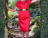1950s True Red Satin Wiggle Dress -- Small