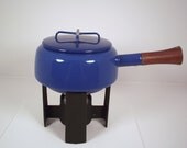 Vintage Dansk Enamel Kobenstyle Fondue Pot IHQ France Danish Modern Jens Quistgaard in Blue with Cast Iron Base