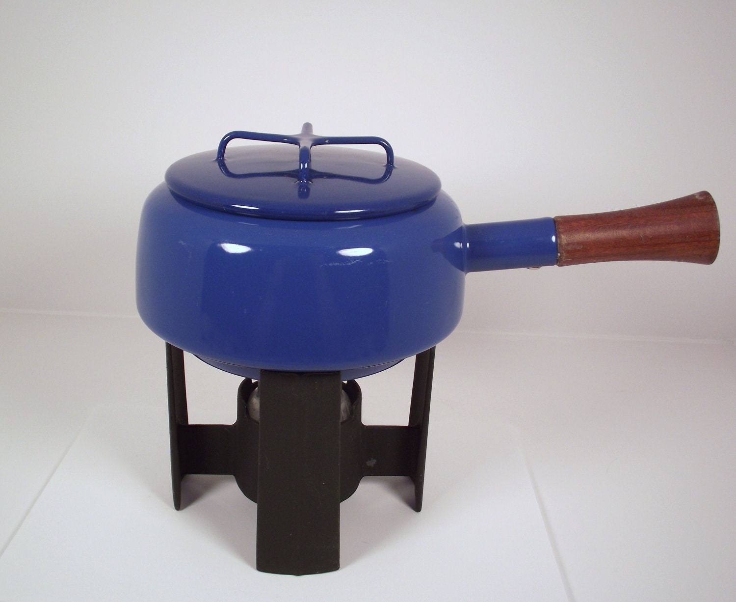 Vintage Dansk Enamel Kobenstyle Fondue Pot IHQ France Danish Modern Jens Quistgaard in Blue with Cast Iron Base