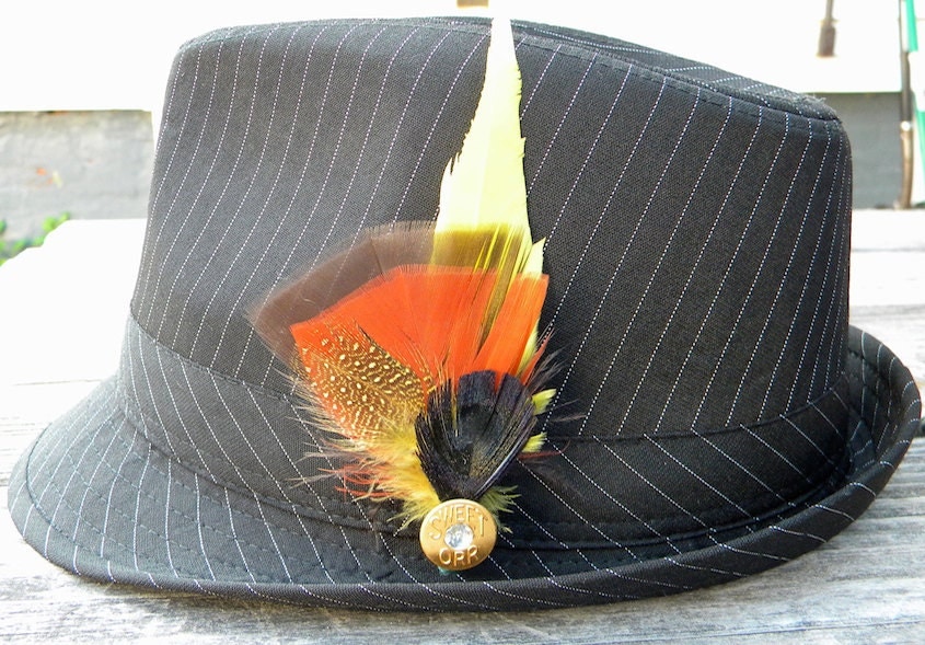 Bumble Be-Bop Boutonniere Groom Prom Feather Lapel Fedora Hat Pin Red Yellow Black Wedding