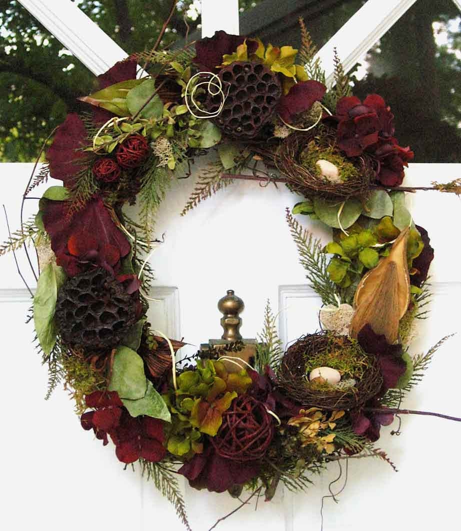 Year-round wreath, French country cottage, neutral colors, foliage, pods, with rust and green hydrangea, 2 nests with eggs
