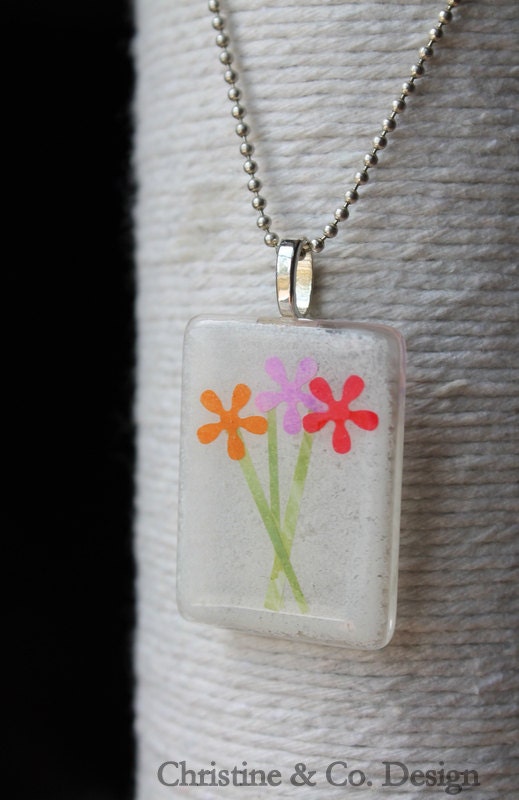 Orange Purple and Red Flowers Glass Pendant/ Handbag Charm
