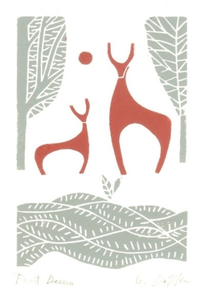 Deer Print - Linocut- Original Hand Pulled Block Print -Woodland - Mid Century Modern Inspired Art