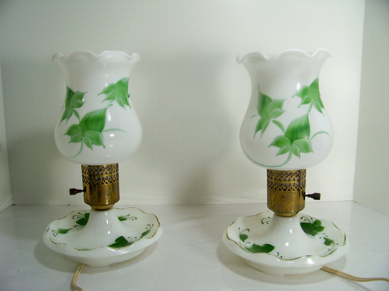 Vintage Milk Glass Lamp Pair Hand Painted Ivy