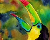 Transcendant Toucan Print (Psychedelic Watercolor of Colorful Exotic Bird Singing in Jungle)