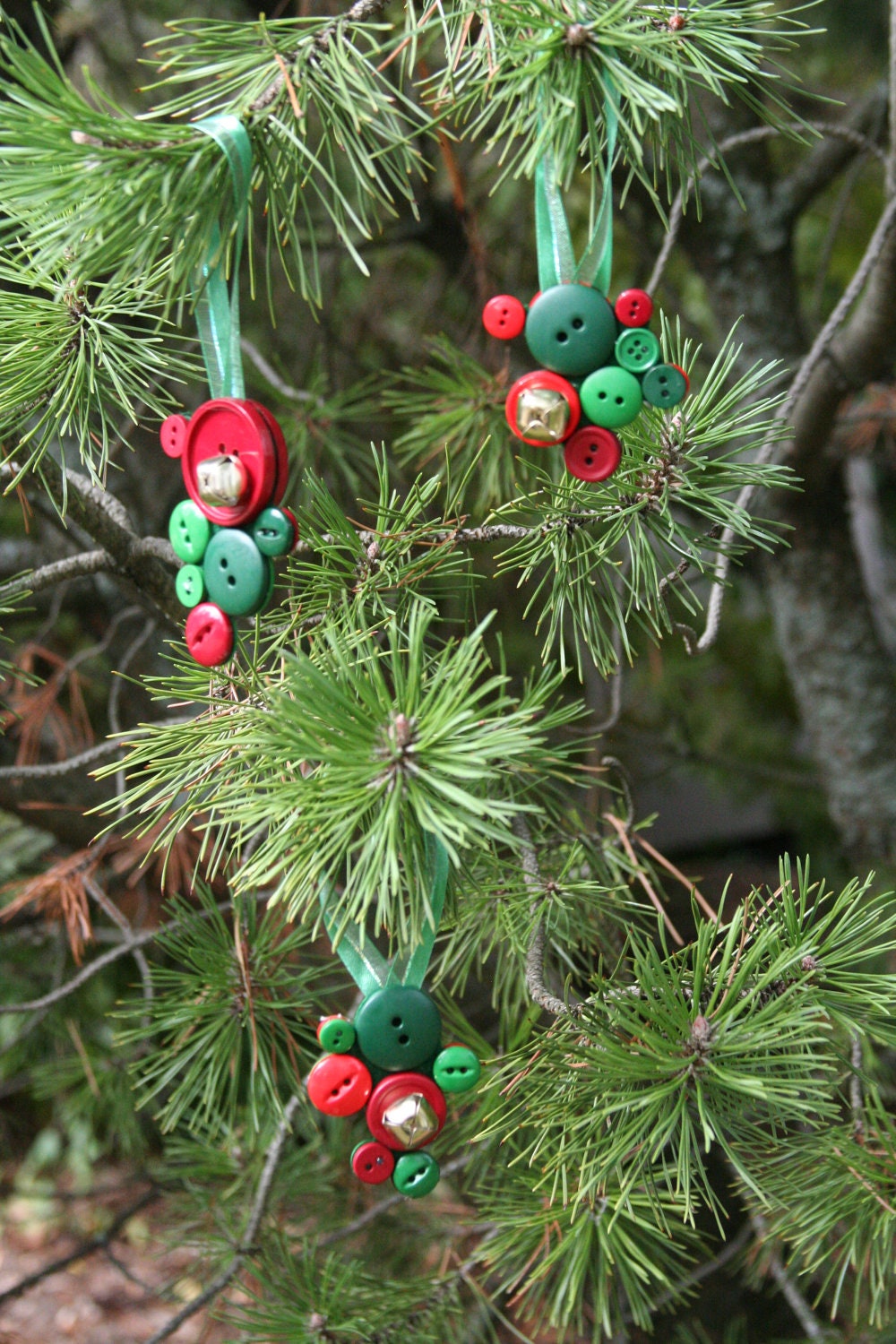 Christmas Ornaments - made with jingle bells and button clusters - Set of 3