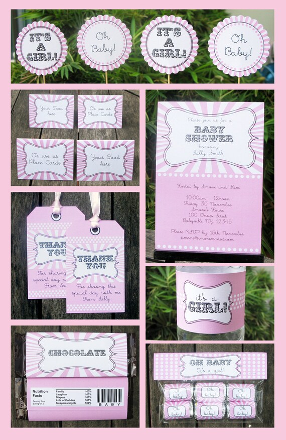 INSTANT DOWNLOAD Girl Baby Shower - full Printable Collection + Invitation - EDITABLE text that you personalize with Adobe Reader Il_570xn
