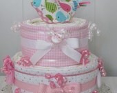 Baby Girl Diaper Cake-2 Tier-Baby's First Birdie-Pastel Polka Dots