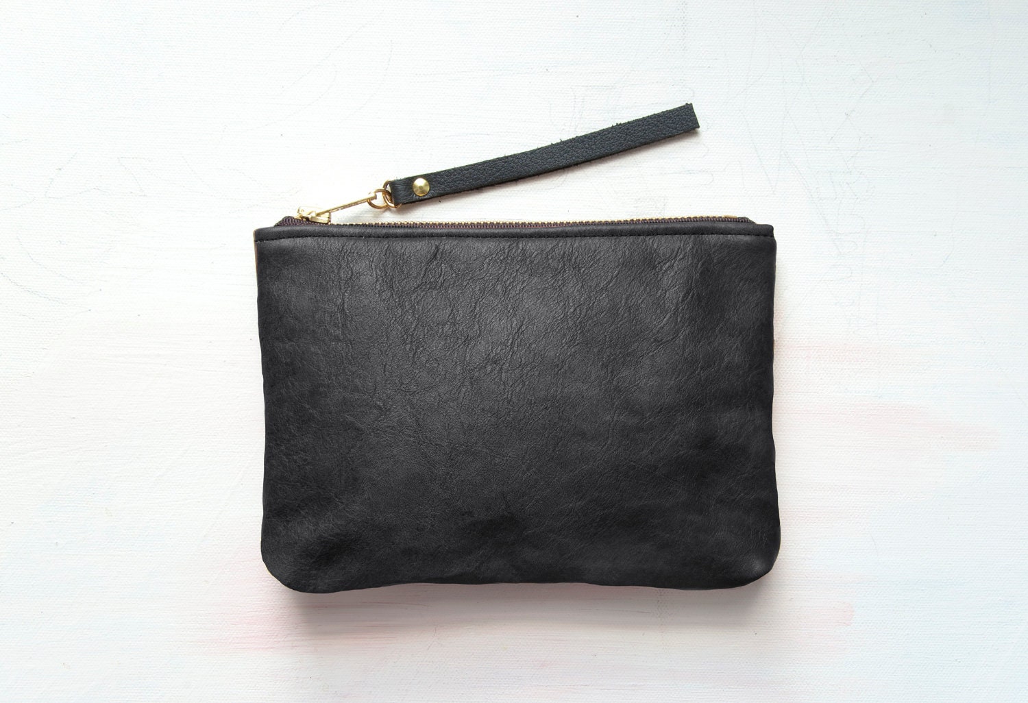 SALE. C H A R C O A L Leather Clutch. BLACK Leather Perfect Pouch.