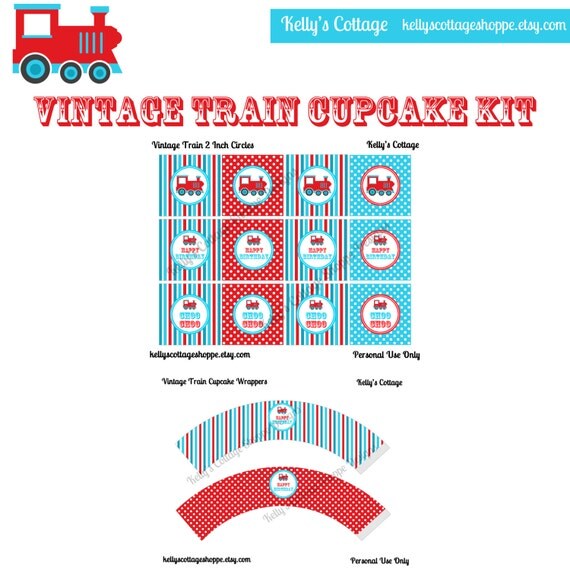 Instant Download Vintage Train Birthday Party Cupcake Kit- 2 Inch Party Circles and Cupcake Wrappers Il_570xn