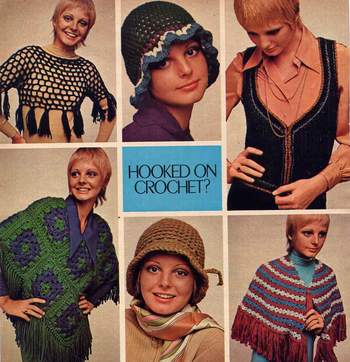 Vintage 1970s Hippie Boho Crochet Patterns Cloche Hat, Peasant Vest, Midriff Tassel Sweater, Poncho PLUS Knit Quick Bags Accessories