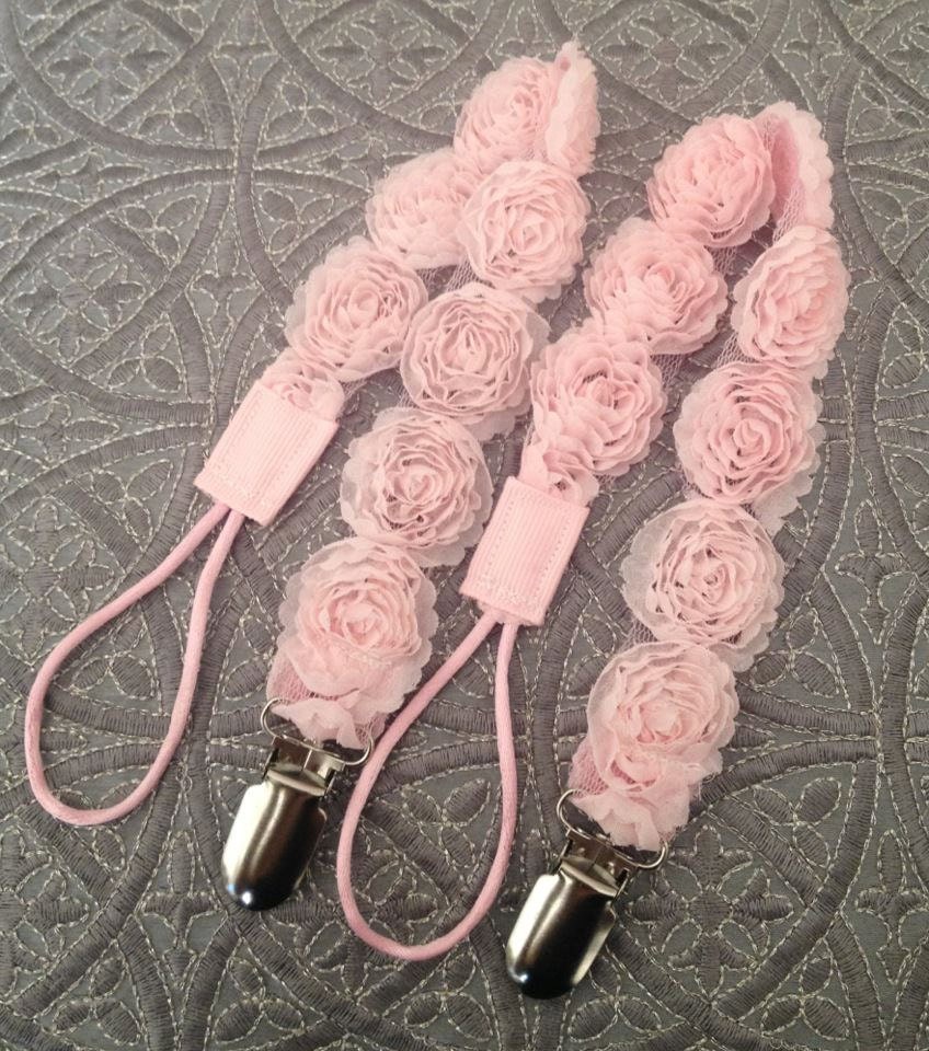 BEAUTIFUL Shabby Chic Rosettes Baby PACIFIER CLIP for the Princess Baby Girl In Your Life...Mam Soothie