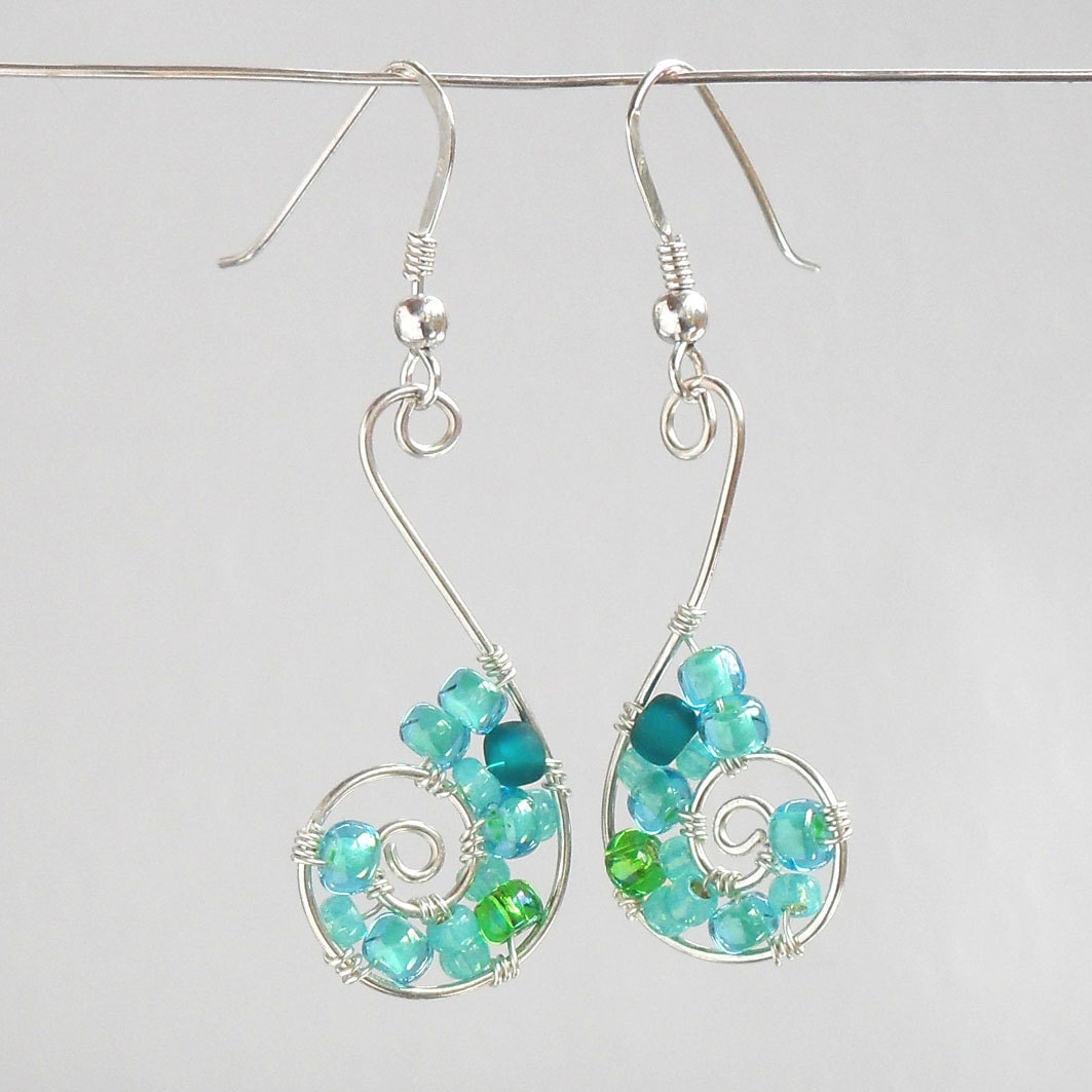 Sterling Silver Wire Wrapped Turquoise Dangle Earrings Beaded Blue Green Fine Seed Bead Jewelry Handmade Swirls Lightweight