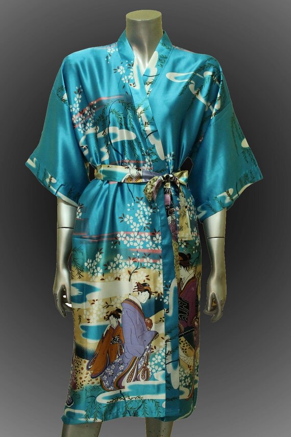 Bridesmaid Silk Robes Perfect Teal Painting Japanese by thaichill